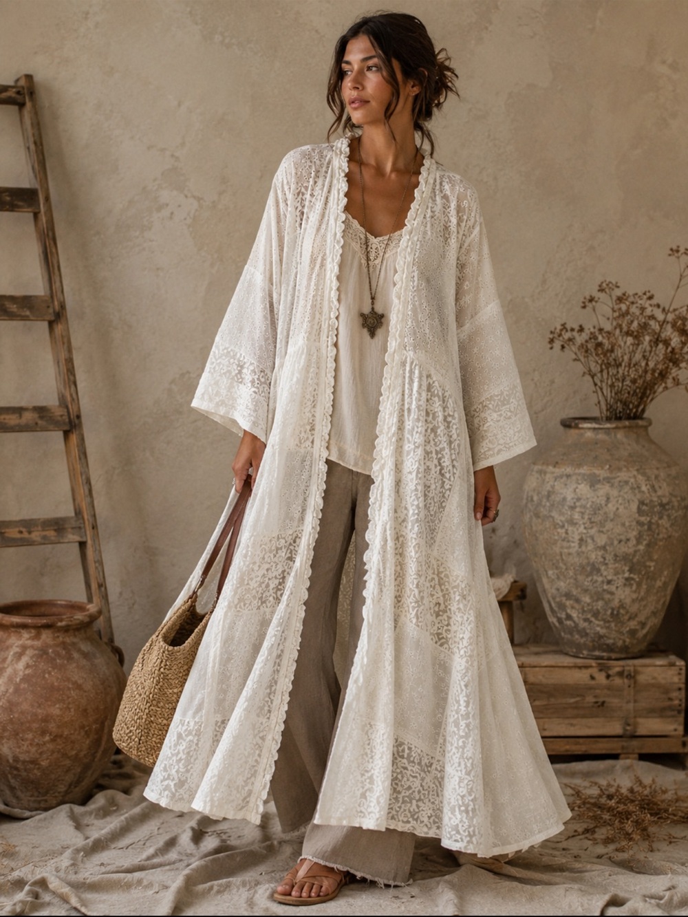 Namsar Cream Lace Eyelet Cotton Duster Boho Cottagecore Artsy Prairie Size Large